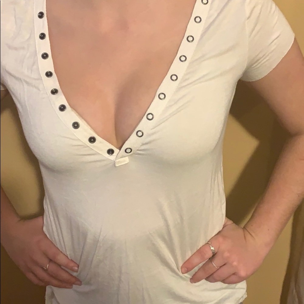 Button up white v neck with open back